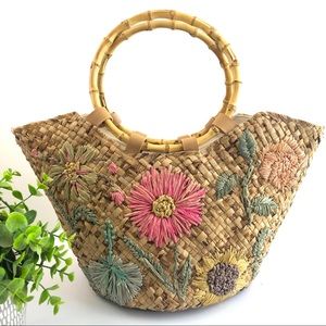 Vintage style Express Woven Boho Embroidered floral Shoulder Beach bag